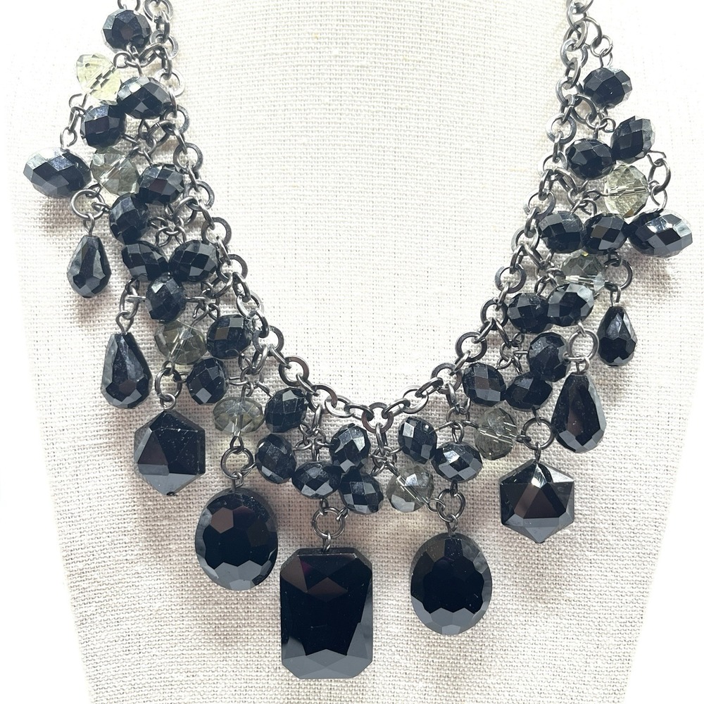 Black & Gray Glass Beads‎ Dangle Gunmetal Tone Bib Necklace 18" Goth Punk